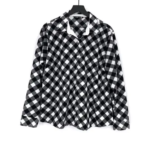 Riders By Lee Fleece Button Down Shacket Black White Buffalo Plaid XL