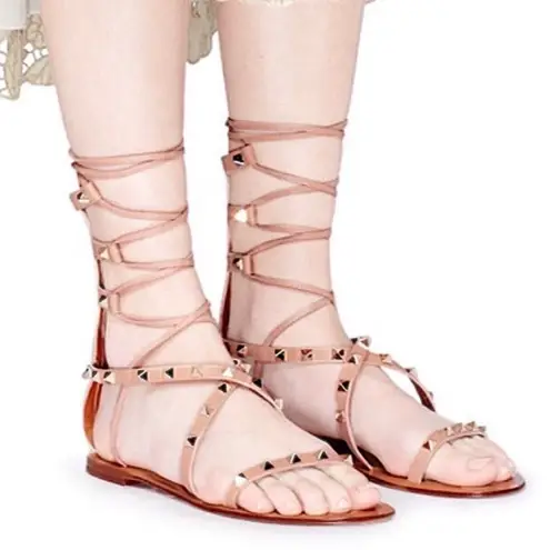 Valentino Garavani Valentino Rockstud flat lace-up mint green leather gladiator sandals size IT 37