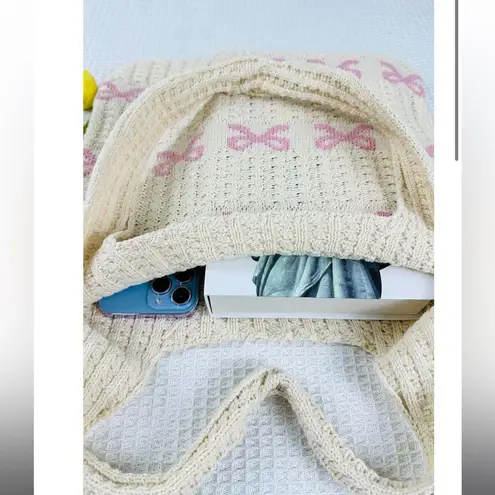 Zenana Outfitters PINK RIBBON BOW PATTERN KNITTED WOVEN CROCHET TOTE BAG