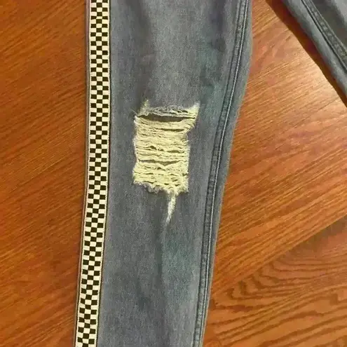 Empyre Eileen Checkered Striped Medium Wash Mom Jeans Size 0 Zumiez Distressed