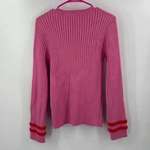 English Factory Sweater Women's Size Large Rib Ruffle Edge Pink Red Fuzzy Cuffs