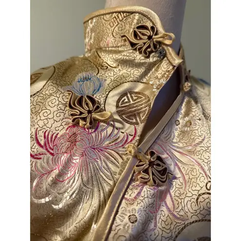 YISIFUSHI Gold Floral Mandarin Collar Cheongsam Maxi Dress L party costume Y2K Size L