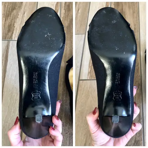 American Living Consuelo Black Open Toe Bow Tie Fabric Heels, sz. 7