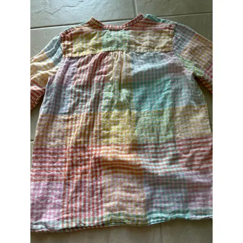 Lands End Top Womens XL Pastel Plaid Linen Casual Preppy Coastal Career Pink