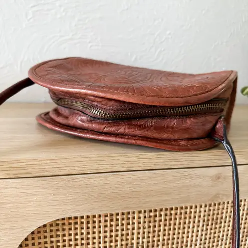 Margot New York | Floral Embossed Tooled Leather Half Moon Crossbody Purse Brown