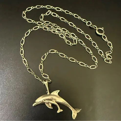 Vintage 925 STERLING Silver Mother & Baby Dolphin Pendant 18” Necklace 6g.