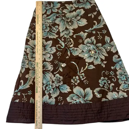 Coldwater Creek Flared Cotton Sequins Lined Skirt Women's 6P Cocoa Brown Blue