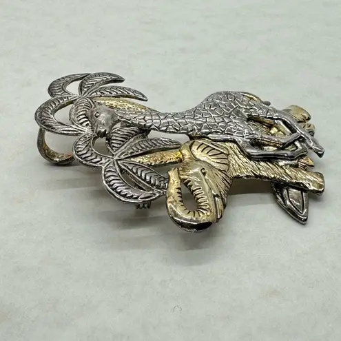 Vintage MJ Brooch Pendant Elephant Giraffe Palm Trees Gold Silver Tone Signed