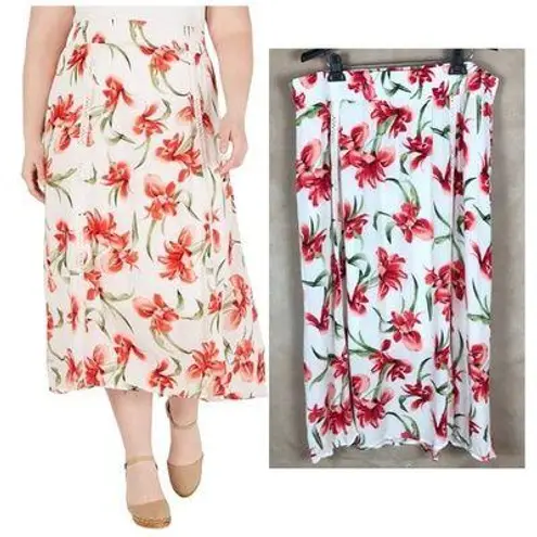 JM Collection White Floral Crinkled Midi Skirt NEW Size XL