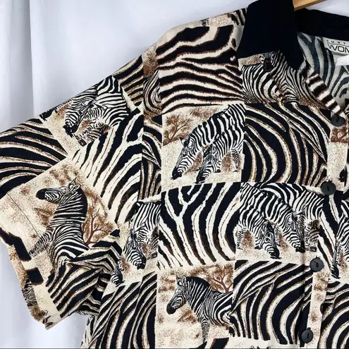 Vintage Zebra Animal Print Button Down Top Black Size L