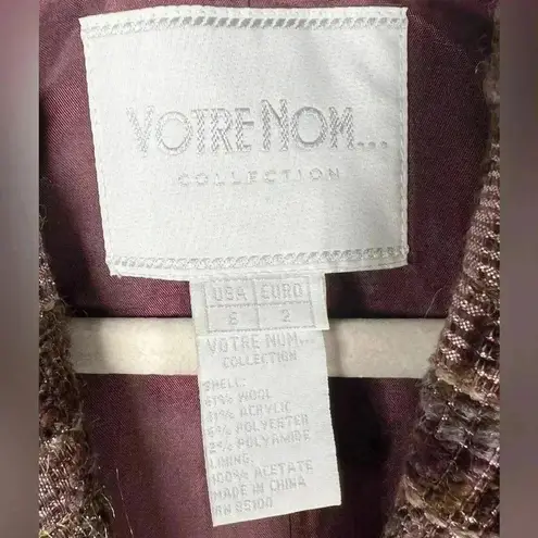 Votre Nom Wool Blend Plaid Tweed Blazer Plum Pink Sparkle Women’s Size 6