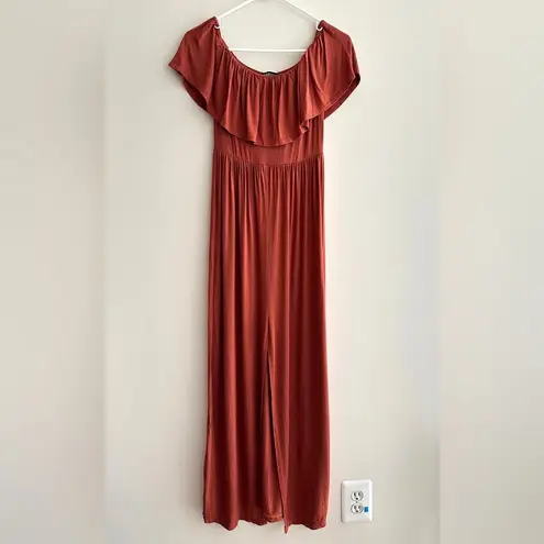 Boohoo  Stretch Midi Dress, Ruffled Off the Shoulder Sleeves, Burnt Orange, Size 6