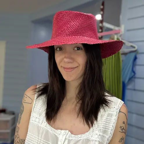 Vintage 70s Woven Straw Boater Hat Pink