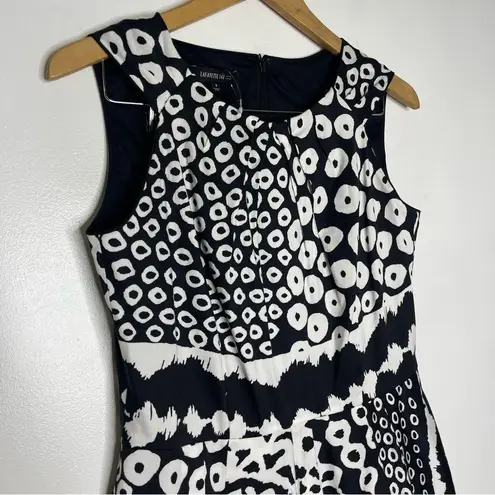 Lafayette 148 Geometric Print Black White Pleated A-Line Midi Dress Size 8
