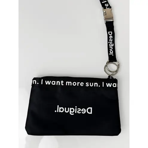 Desigual Black Wristlet Pouch with Logo Strap "I Want More Fun" Zipper Clutch