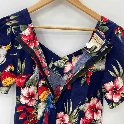 Vintage Blue Hawaii Muumuu Dress Womens Medium Blue Parrot Floral Print Cotton