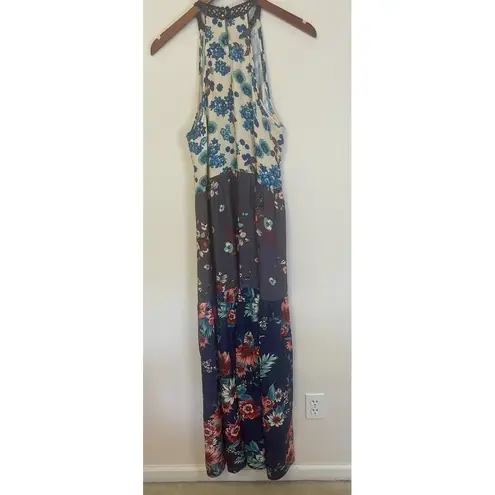 Living Doll Maxi Dress Boho Tiered Multi Florals Crochet Trim L Flowy