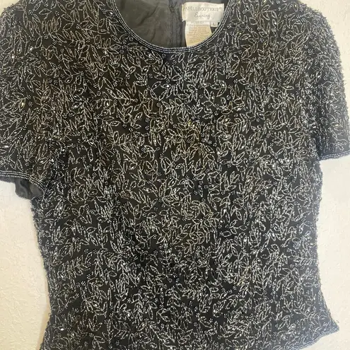 Papell Boutique Vintage Evening Beaded Short Sleeve Blouse Black Silk EUC Sz Sm