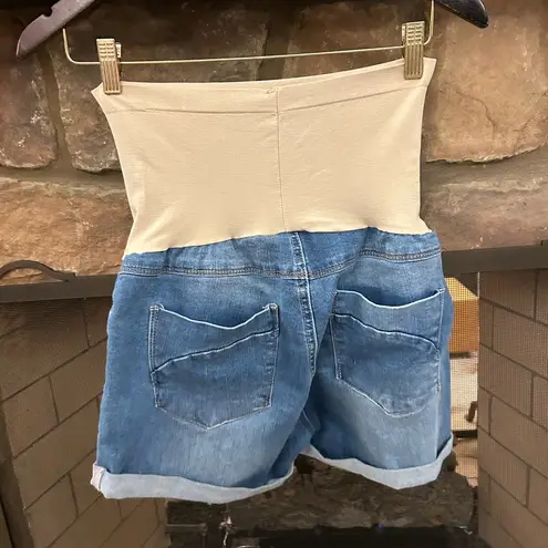 Blue Savvy Maternity Tan and Blue High Waist Denim Shorts