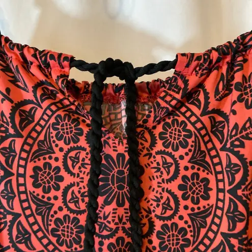 Coral Pink Black Floral Paisley Mandala Lightweight Summer Beach Mini Dress Size L