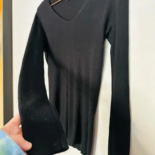 Massimo Dutti Wool Cashmere Blend Black V-Neck Long Sleeve Sweater Size Small