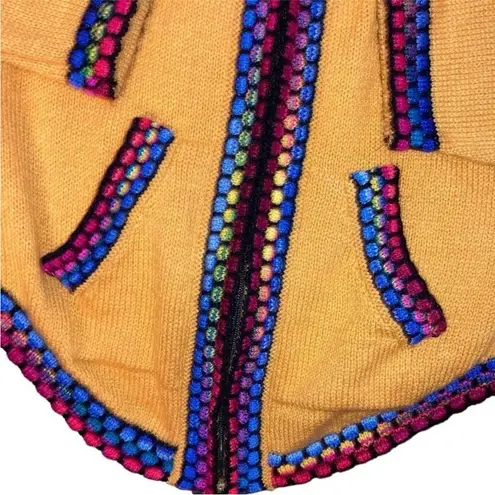 Vtg Y2K Handmade Sz Small Full Zip Hooded Mexican Poncho Boho Sweater Multicolor Yellow