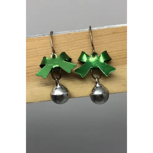 CHRISTMAS SILVER JINGLE BELLS, GREEN BOW FISH HOOK BACK EARRINGS