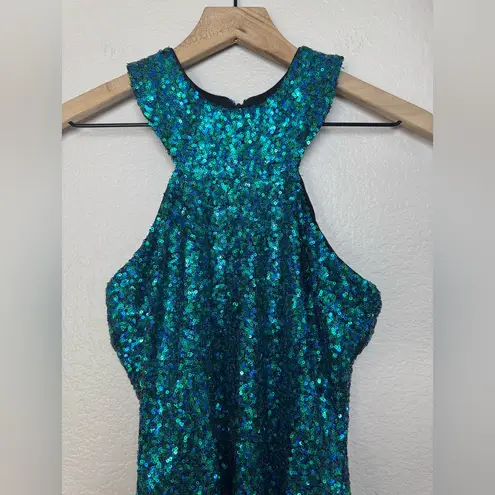 Dress the Population Teal Sequined Sequin Mini Halter Skater Dress size Small