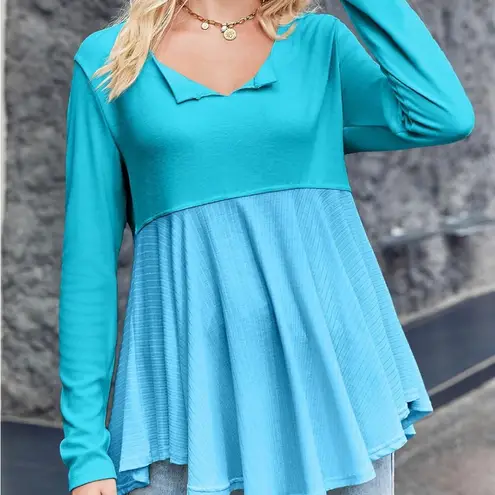 Tankaneo Womens Babydoll Tops V Neck Long Sleeve Shirts Peplum Tunic Top. Size S Blue