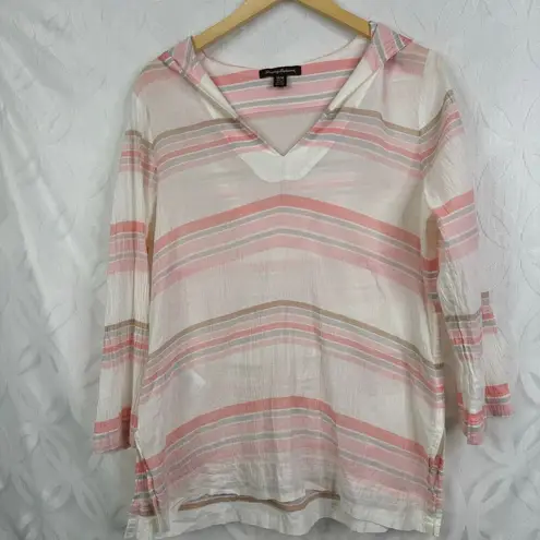 Tommy Bahama  Porta Stripe Tunic Top Size M White Pink Gauze Gauzy Hooded Beach