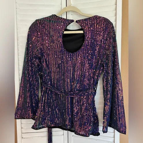 Grace Karin Womens Sequined Blouse Long Bell Sleeve Crew Neck size Small
