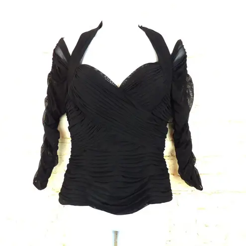 Tadashi Shoji Vintage Tadashi Blouse Womens M Black Sheer Pleated Off Shoulder Halter Goth Y2K