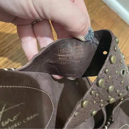 Arturo Chiang Patty Leather Studded Platform Slide Wedge Sandals Brown Women 11M