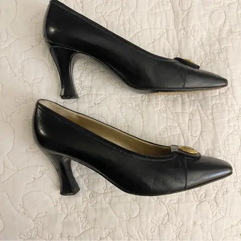 St. John Black Italian Leather Pumps Gold-Tone Button Emblem Size 6.5 $395