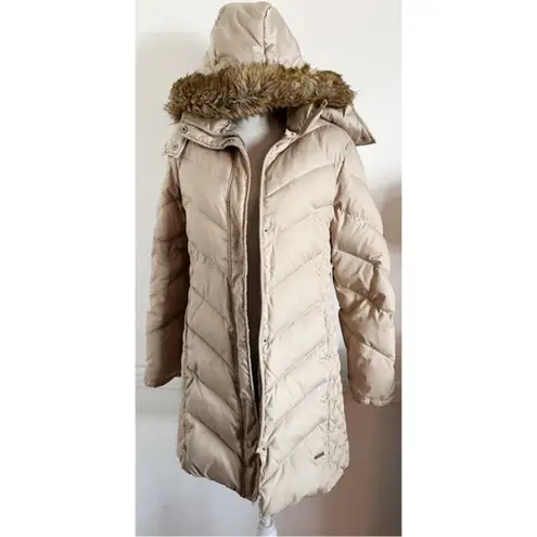 Kenneth Cole  • Tan Quilted Faux Fur Trim Hooded Down Puffer Coat