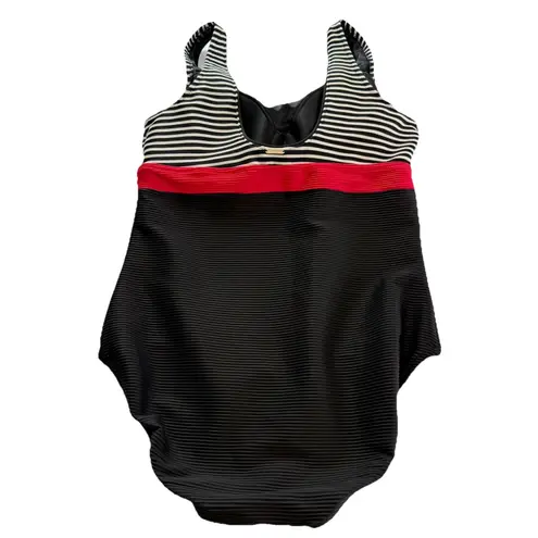 Lands End Black White Red Stripes Ribbed Underwire One Piece Swimsuit Size 12