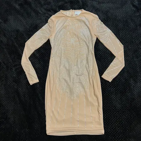 Rhinestone Open Back Mini Dress Slim Fit Mock Neck Backless Long Sleeve Tan Dress Party Dress Prom Wedding Size XS