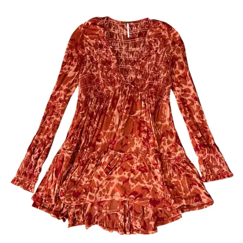 Free People  FP Womens Dark Romantic Tunic Long Sleeve Shirt Orange Merlot Combo