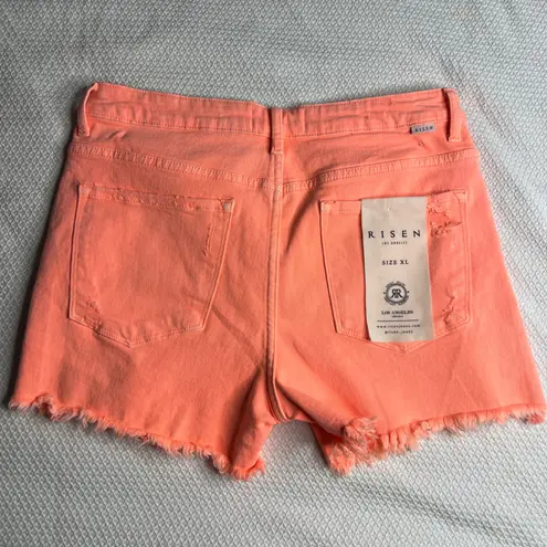 Risen Jeans Distressed Coral Orange Denim Shorts Size XL Cutoff Frayed NWT