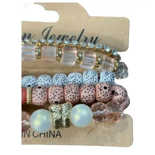 Beaded Bracelet Set with Butterfly Charm Multi Strand Pink Neutral New Gold