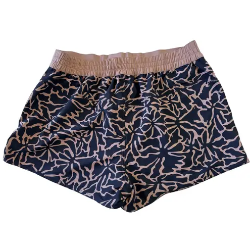 prAna Womens Floral Print Athletic Shorts Zipper Pocket Large No Liner Tan Black