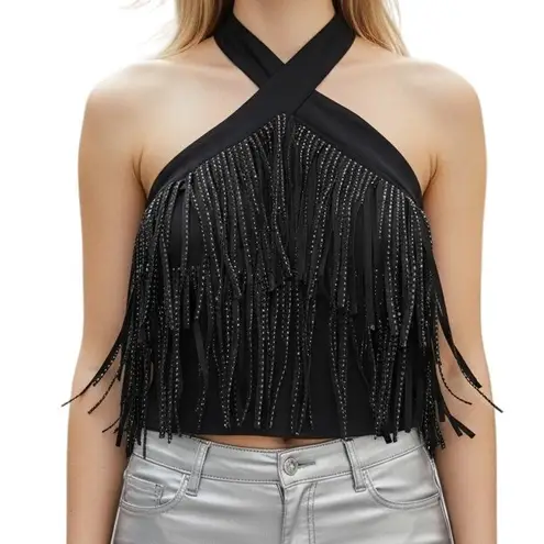 EFFORDRAM Black Faux Suede Front With Rhinestones Halter Top NWOT Size Medium Black