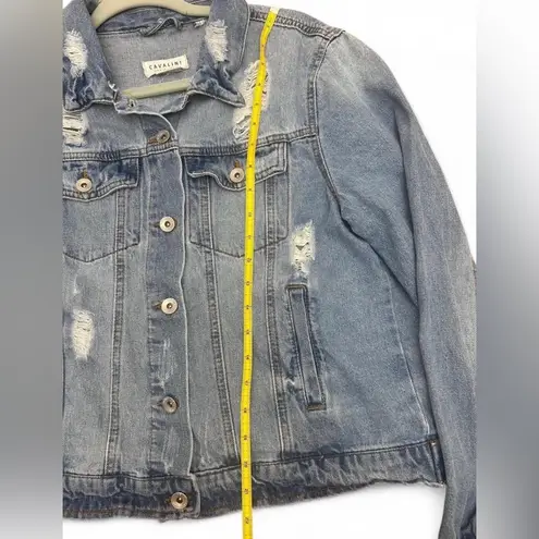 Cavalini Distressed Denim Jacket Women’s Large – Y2K Streetwear Jean Jacket