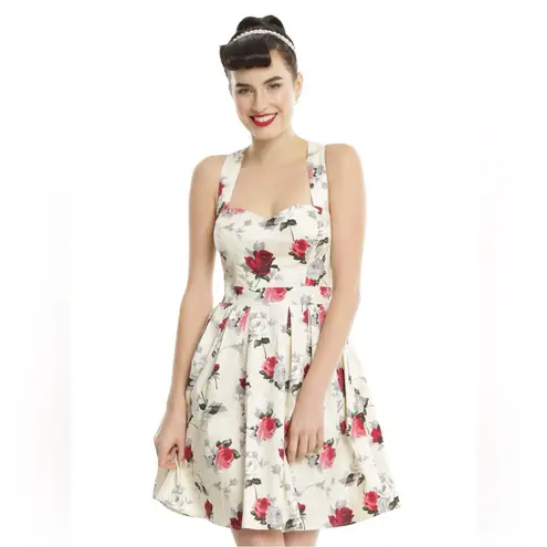 Hell Bunny Eloise Mini Dress Rose Print Cream Bow Adjustable Straps Sz XS Retro