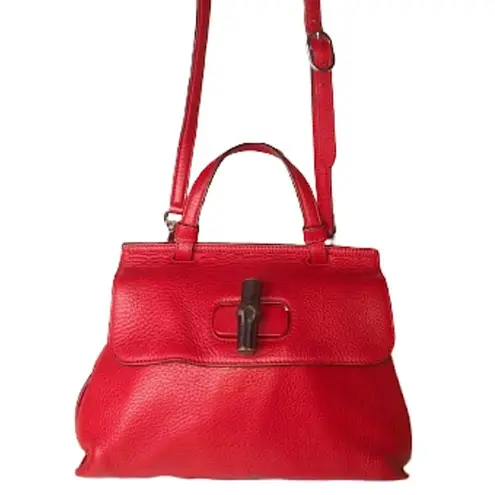 Gucci  Bamboo Turn-Lock Red Leather Top Handle Satchel w Removable Strap