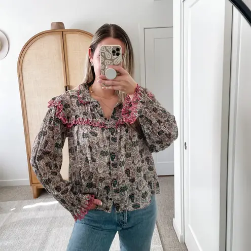 Isabel Marant Etoile Paisley Ruffle Long Sleeve Button Down Top