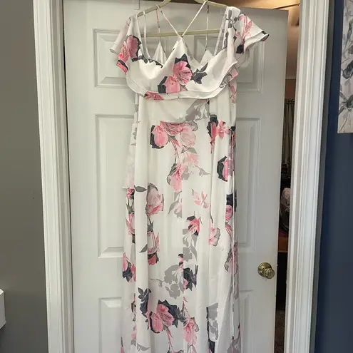 City Chic Maxi Pink Lily white floral cold shoulder ruffle asymmetrical dress 16