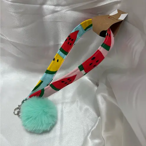 Handmade Colorful Watermelon Print Wristlet Keychain with Mint Green Pompom