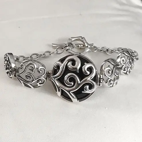 Onyx BARSE Cabochon Sterling Silver Filigree Scroll Overlay Bracelet