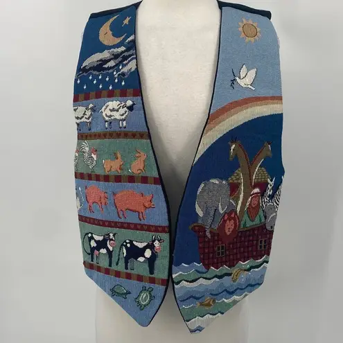 Vintage Noahs Ark Needlepoint Embroidered Animals Vest Open Front Blue Womens L Size L